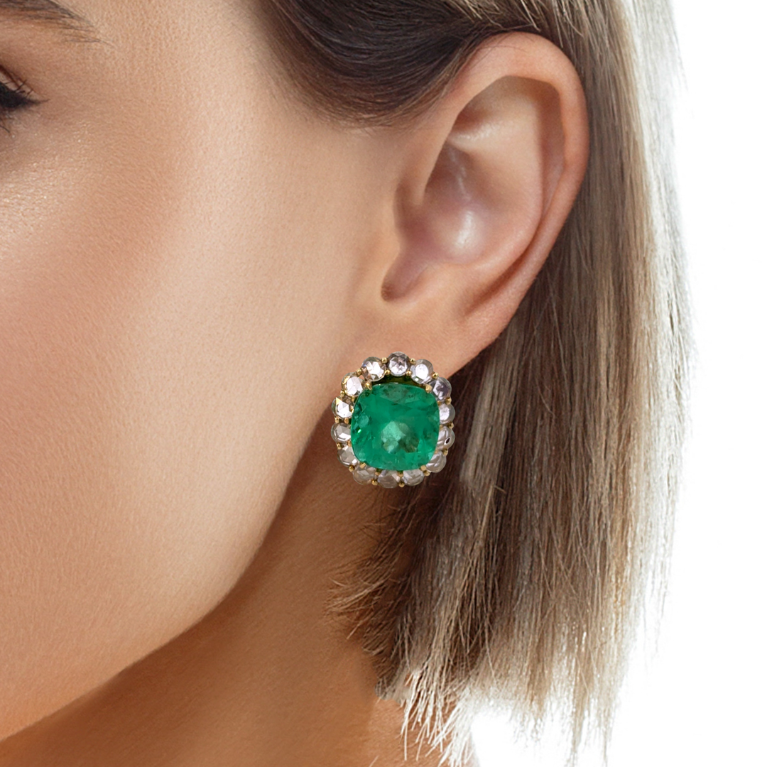 10.33 CTW Emerald 3.32 CTW Diamond 18K Yellow Gold Stud Earrings