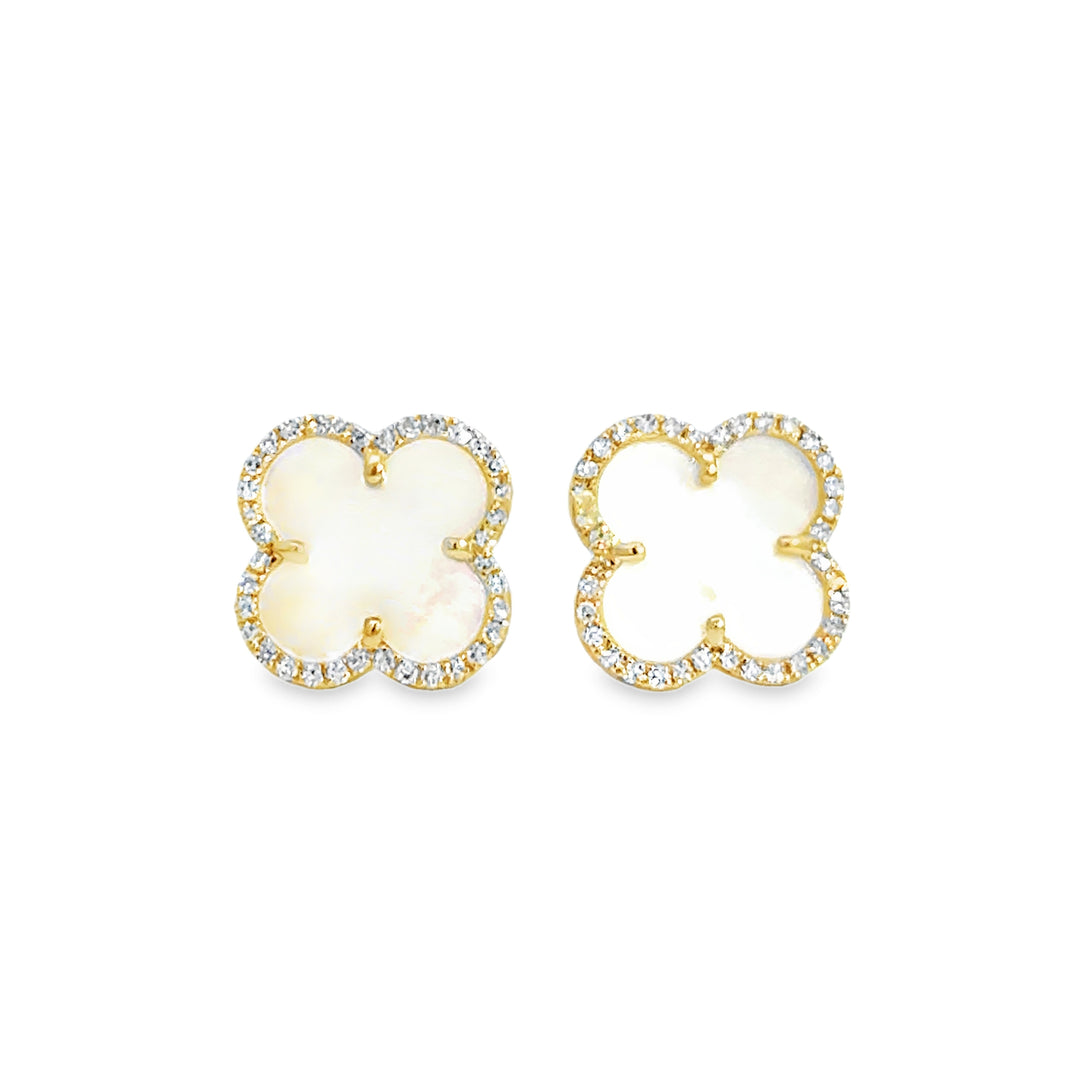 2.7 CTW Mother of Pearl 14K Yellow Gold Clover Stud Earrings
