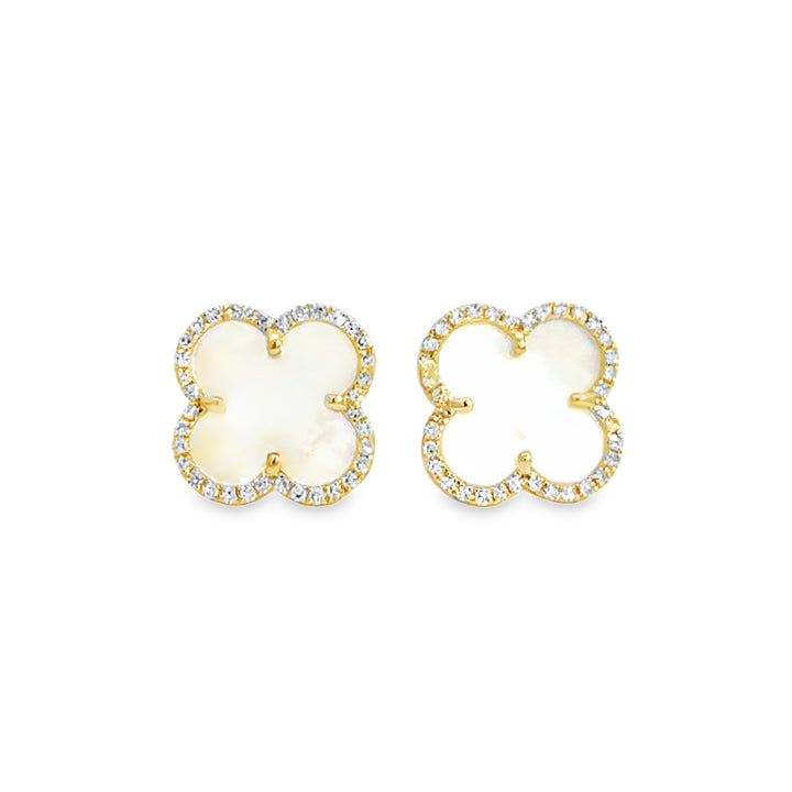 2.7 CTW Mother of Pearl 14K Yellow Gold Clover Stud Earrings