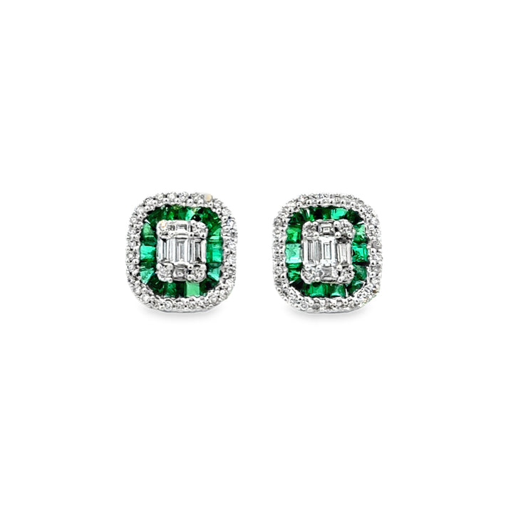 0.54 CTW Emerald &amp; 0.36 CTW Diamond 14K Two-Tone Gold Emerald-Cut Halo Stud Earrings