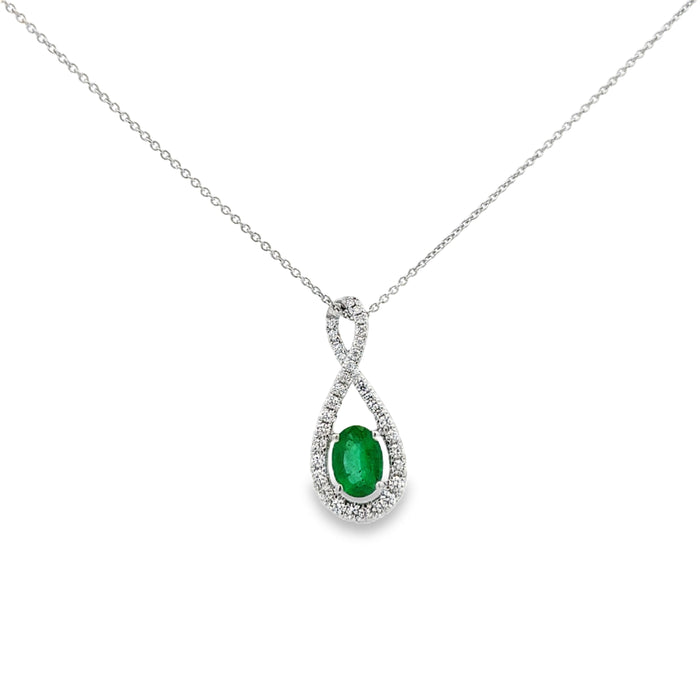 0.68ct Oval Emerald & Diamond Infinity-Style Pendant Necklace – 14K White Gold