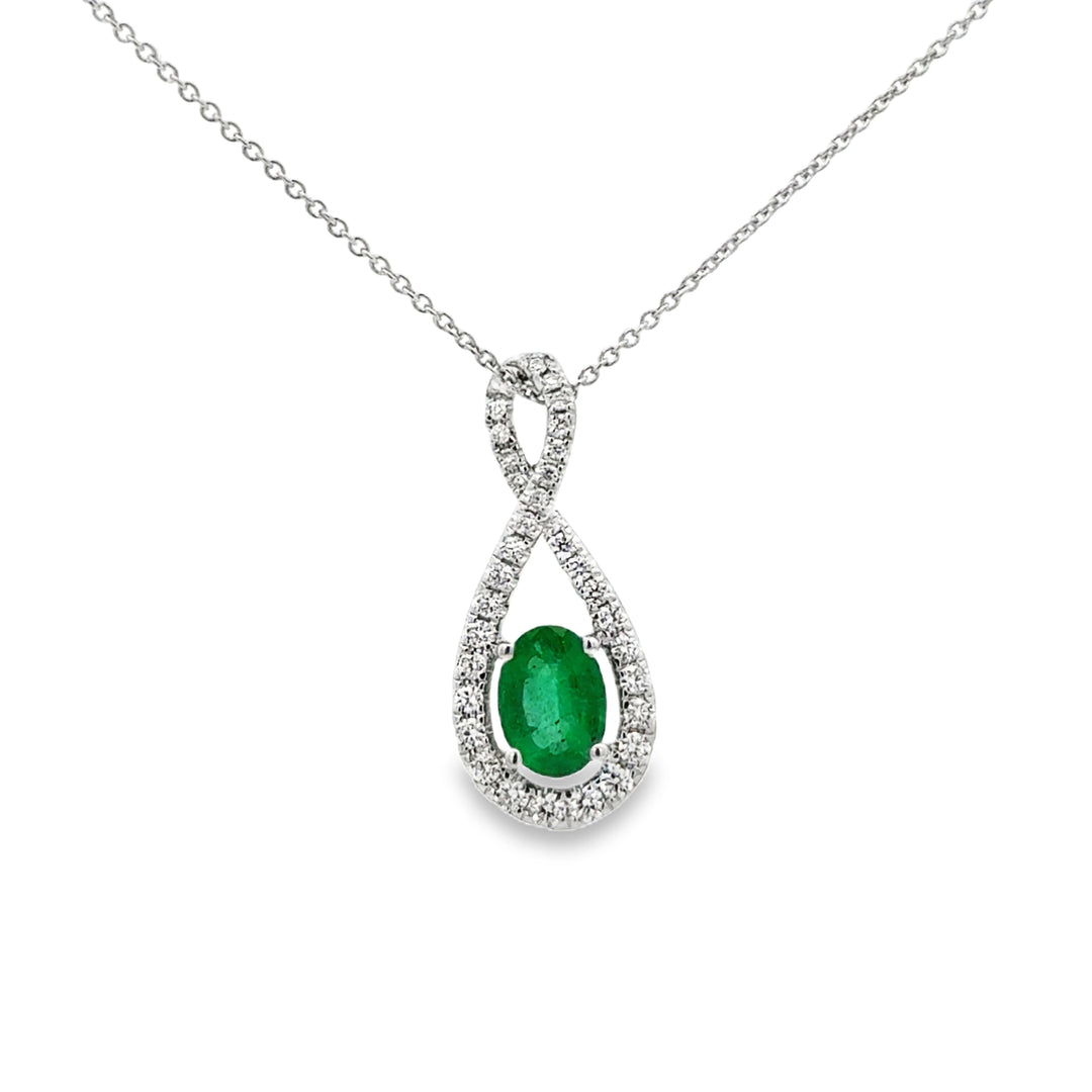 .68ct Oval Emerald & Diamond Infinity-Style Pendant Necklace – 14K White Gold