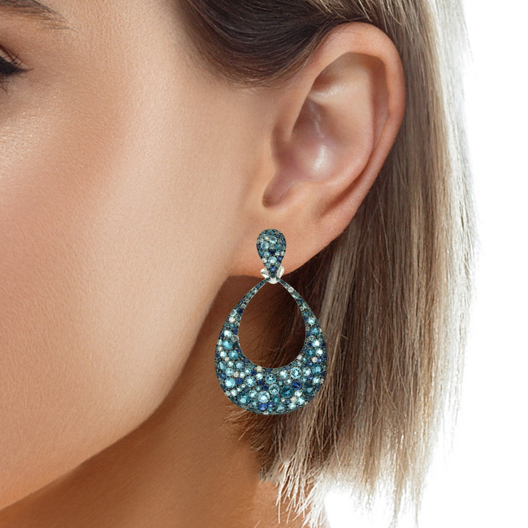 Sapphire, Aquamarine, Blue Topaz & Diamond 18K White Gold Large Drop Earrings