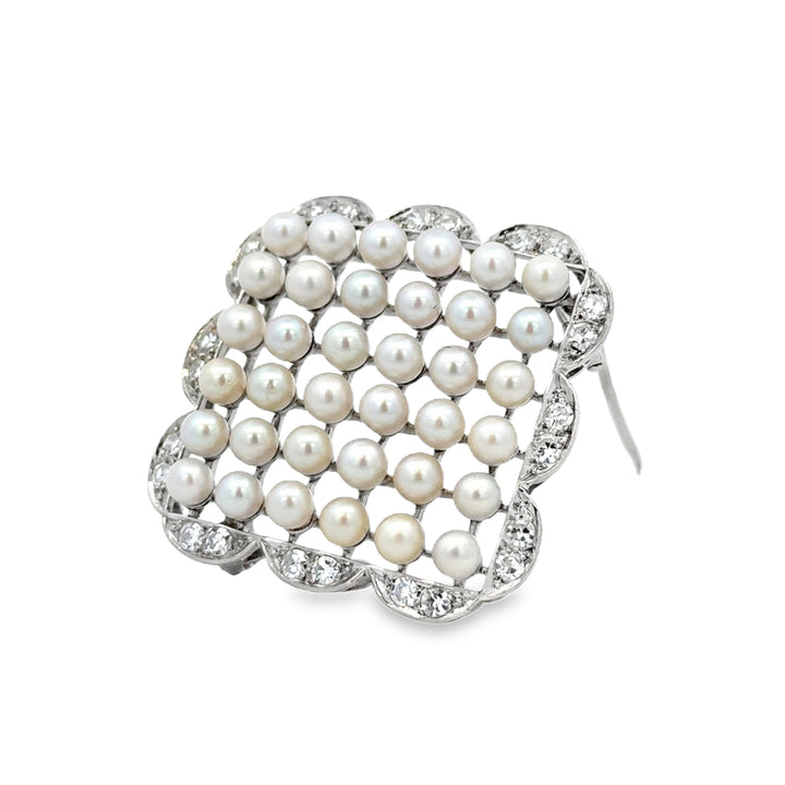 0.72 CTW Diamond and Pearl 14K White Gold Square Brooch Pin