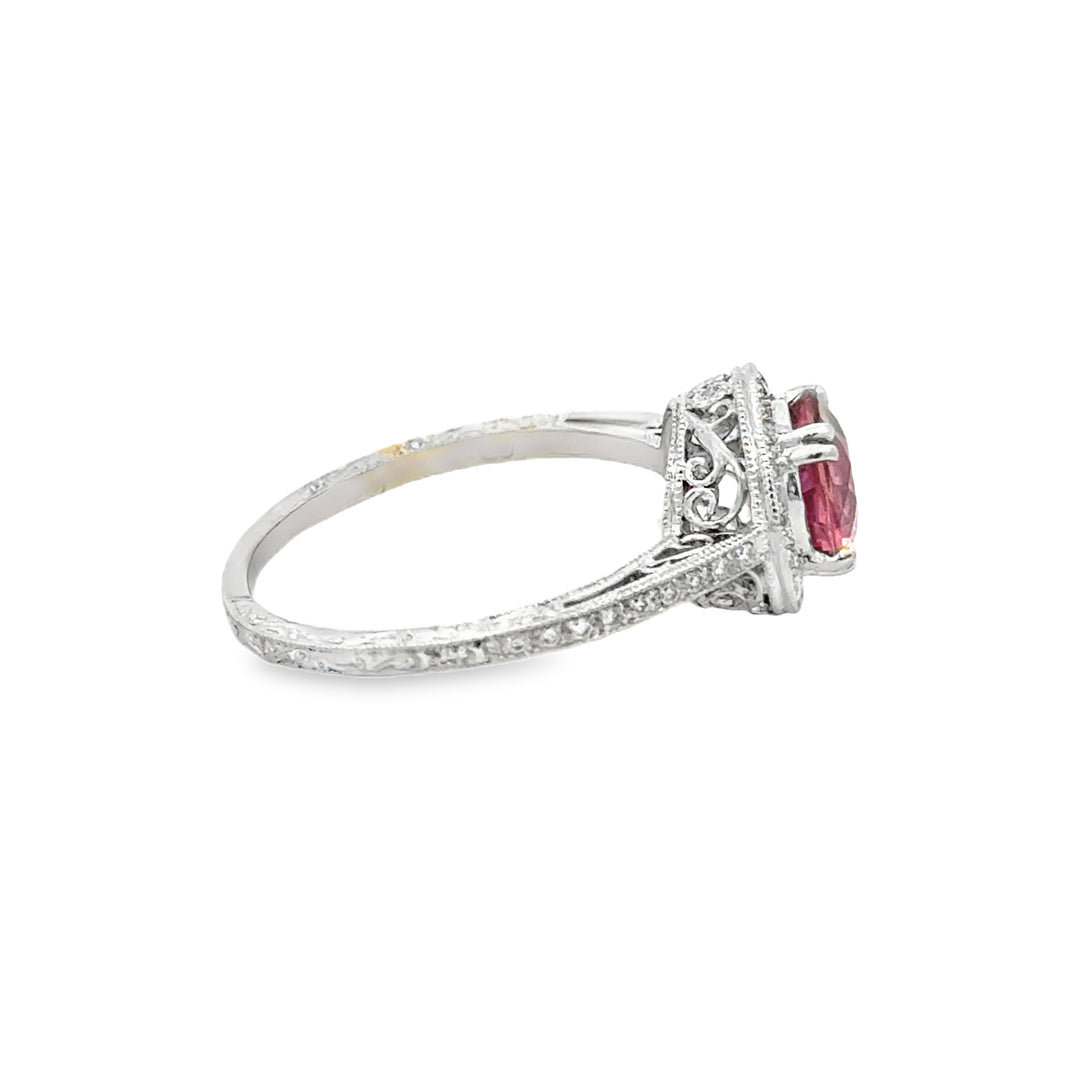 18K White Gold Pink Tourmaline & Diamond Halo Ring – Size 6