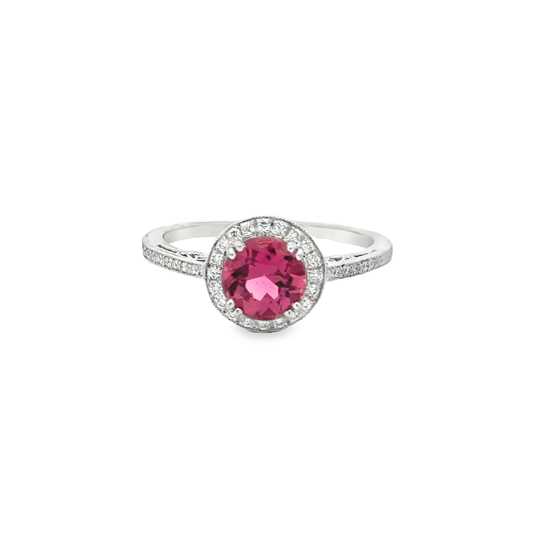 18K White Gold Pink Tourmaline & Diamond Halo Ring – Size 6