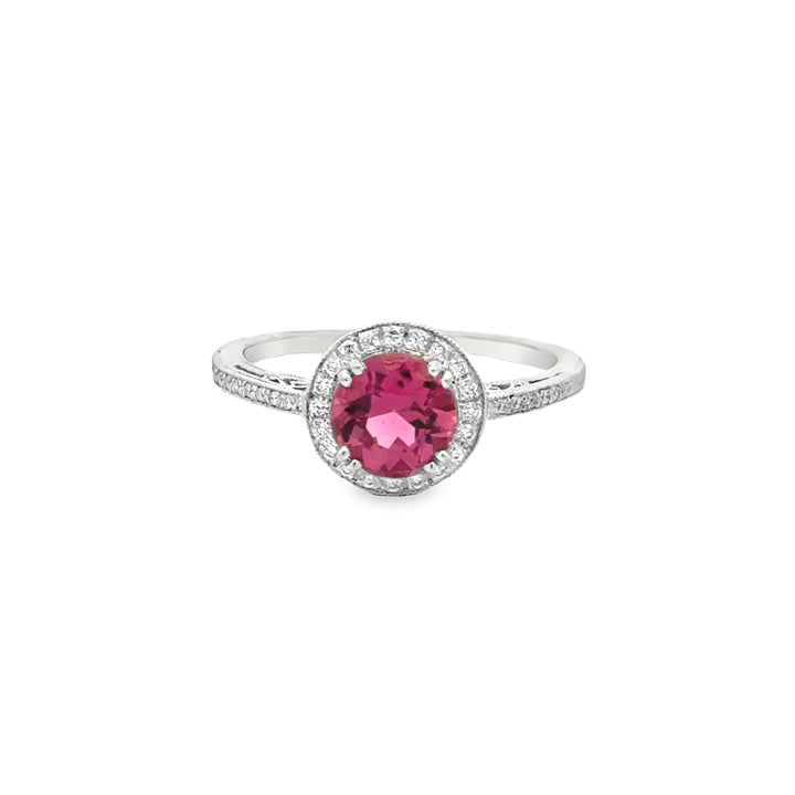 18K White Gold Pink Tourmaline & Diamond Halo Ring – Size 6