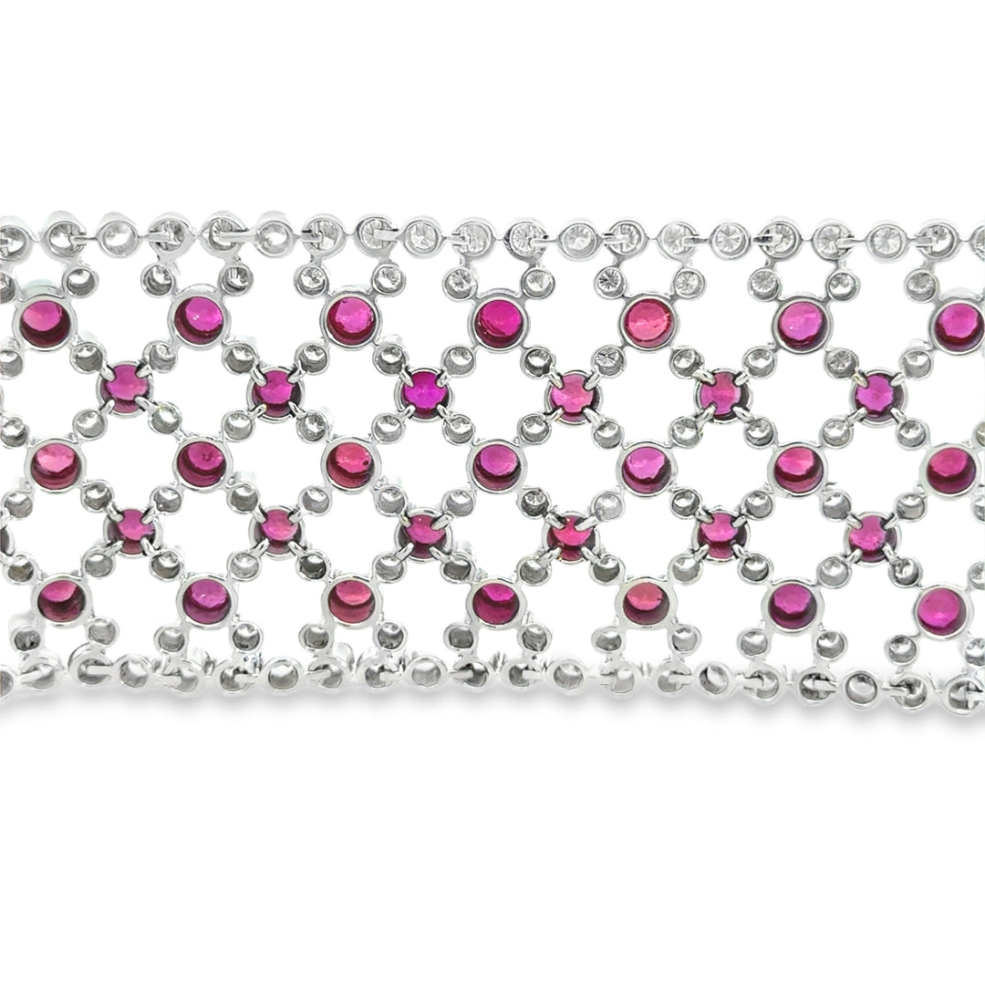 14.34CTW Diamond &amp; 22.85CTW Ruby Lace Bracelet in 18K White Gold – 7" | 1.5" Wide