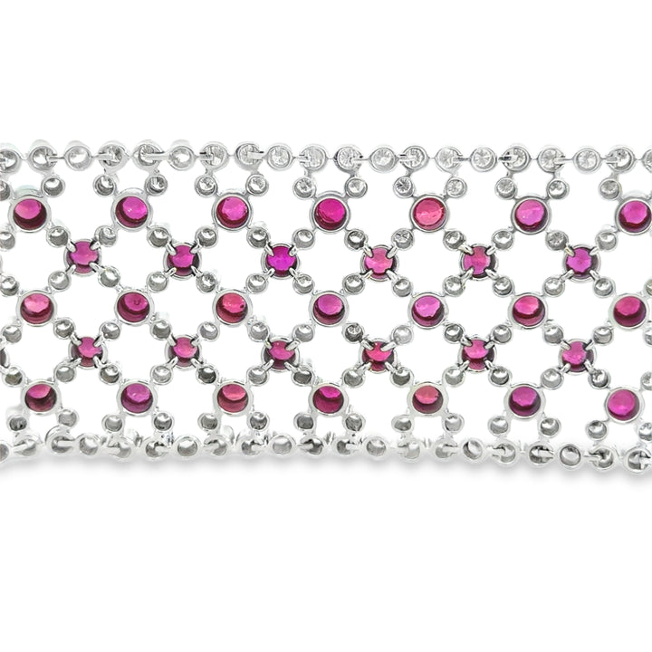14.34CTW Diamond &amp; 22.85CTW Ruby Lace Bracelet in 18K White Gold – 7" | 1.5" Wide
