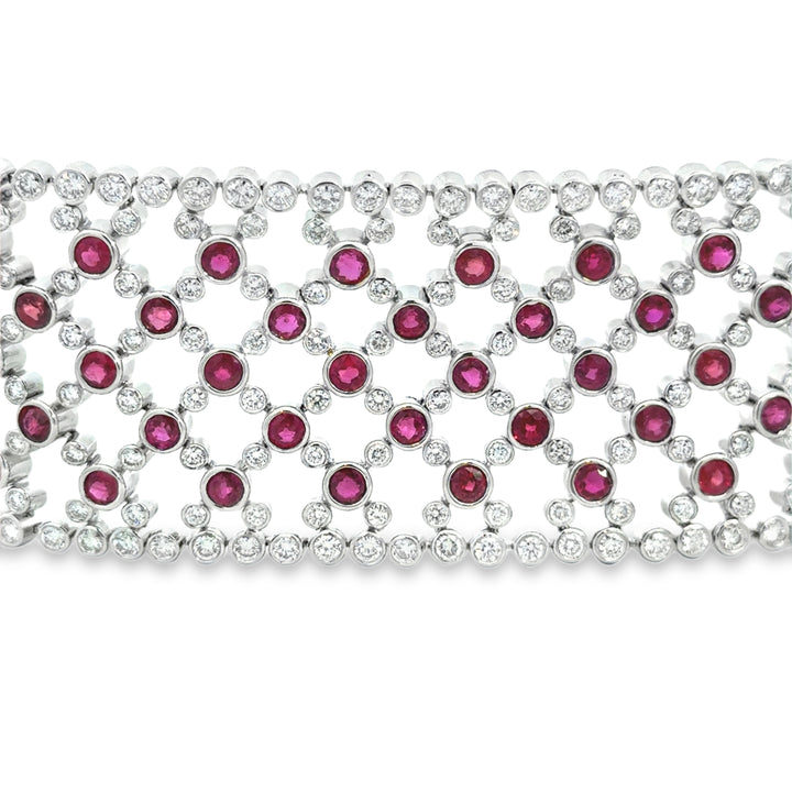 14.34CTW Diamond &amp; 22.85CTW Ruby Lace Bracelet in 18K White Gold – 7" | 1.5" Wide