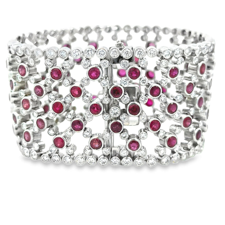 14.34CTW Diamond &amp; 22.85CTW Ruby Lace Bracelet in 18K White Gold – 7" | 1.5" Wide