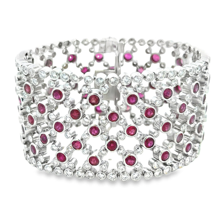 14.34CTW Diamond &amp; 22.85CTW Ruby Lace Bracelet in 18K White Gold – 7" | 1.5" Wide