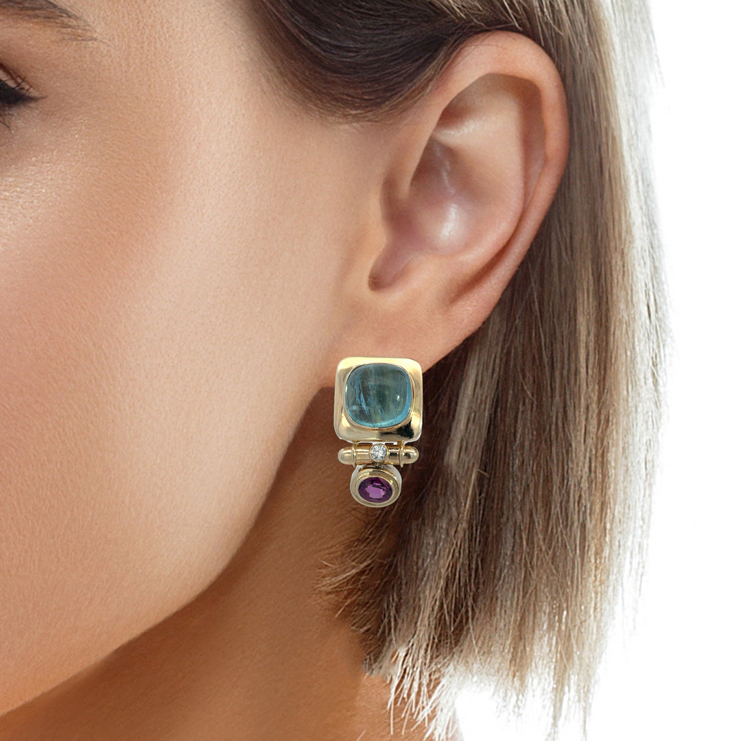 18K Yellow Gold Multi-Gemstone Diamond Drop Earrings