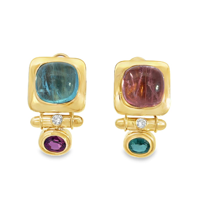 18K Yellow Gold Multi-Gemstone Diamond Drop Earrings