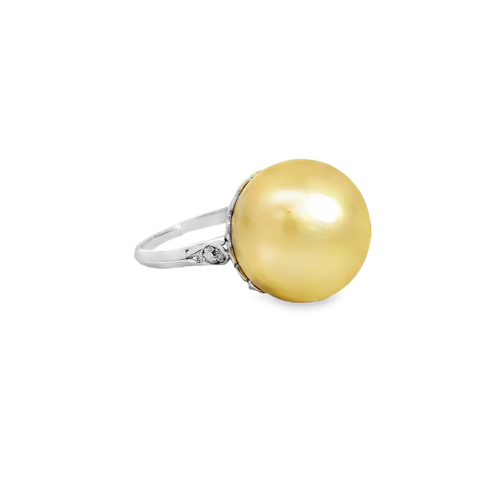 16MM Golden Pearl & Diamond 14K White Gold Ring