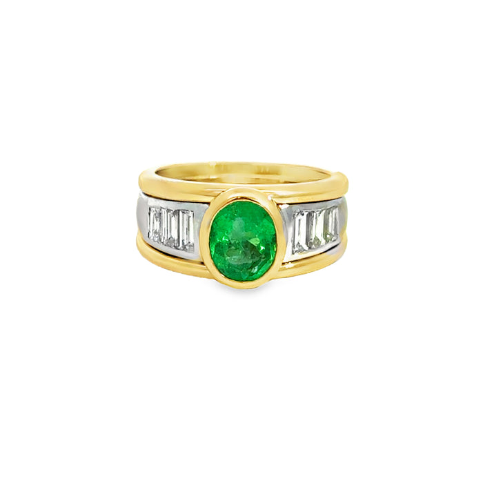 18K Yellow Gold & Platinum Oval Emerald & Baguette Diamond Ring