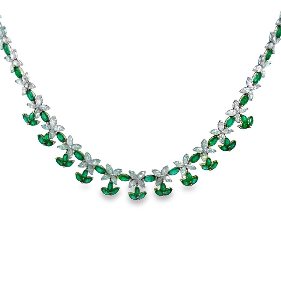 14.32 CTW Marquise Diamond & 9.03 CTW Emerald Platinum Leaf Link Necklace