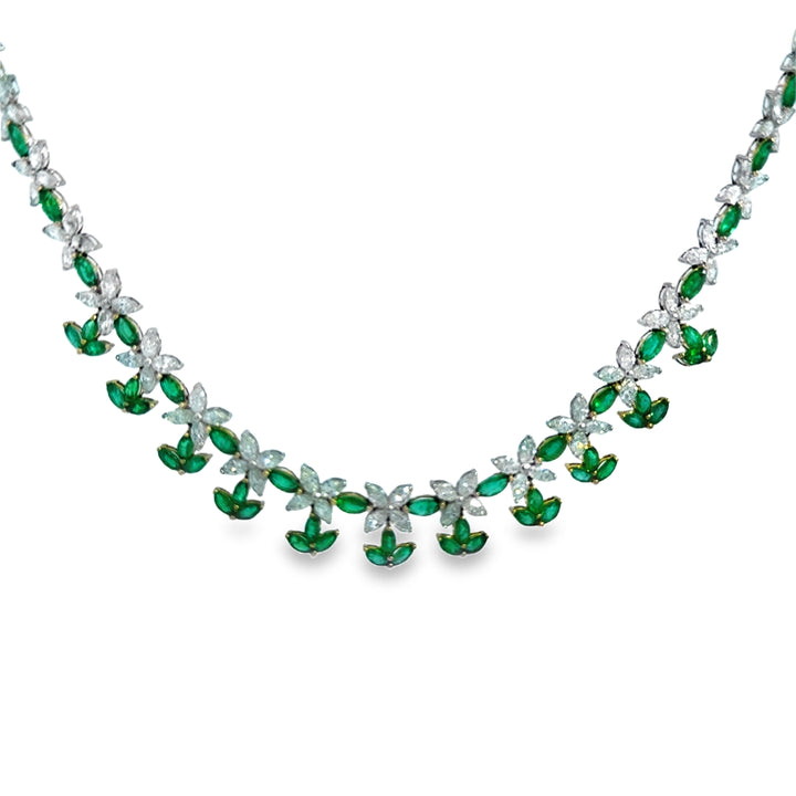 14.32 CTW Marquise Diamond & 9.03 CTW Emerald Platinum Leaf Link Necklace