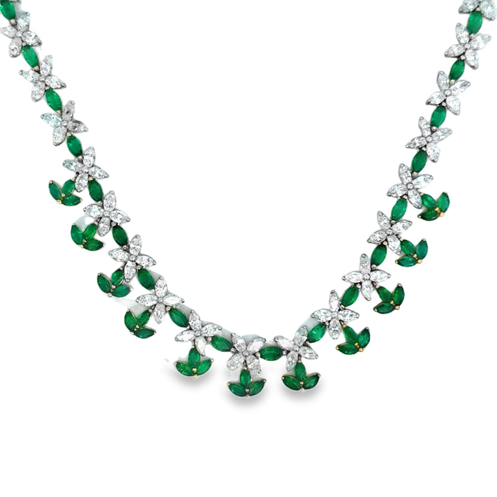 14.32 CTW Marquise Diamond & 9.03 CTW Emerald Platinum Leaf Link Necklace