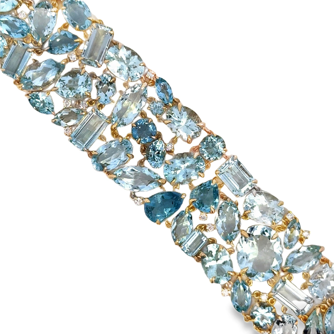 76.80 CTW Aquamarine &amp; 0.50 CTW Diamond 14K Yellow Gold Wide Bracelet