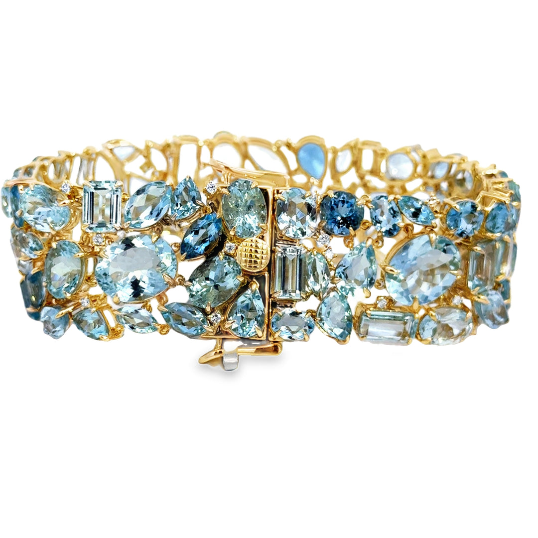 76.80 CTW Aquamarine &amp; 0.50 CTW Diamond 14K Yellow Gold Wide Bracelet