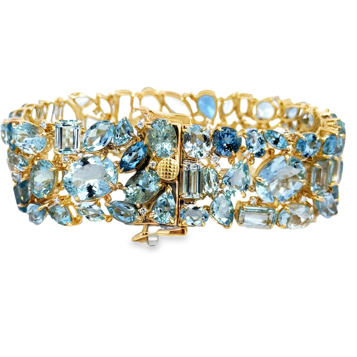 76.80 CTW Aquamarine &amp; 0.50 CTW Diamond 14K Yellow Gold Wide Bracelet