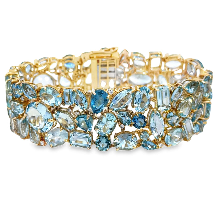 76.80 CTW Aquamarine &amp; 0.50 CTW Diamond 14K Yellow Gold Wide Bracelet