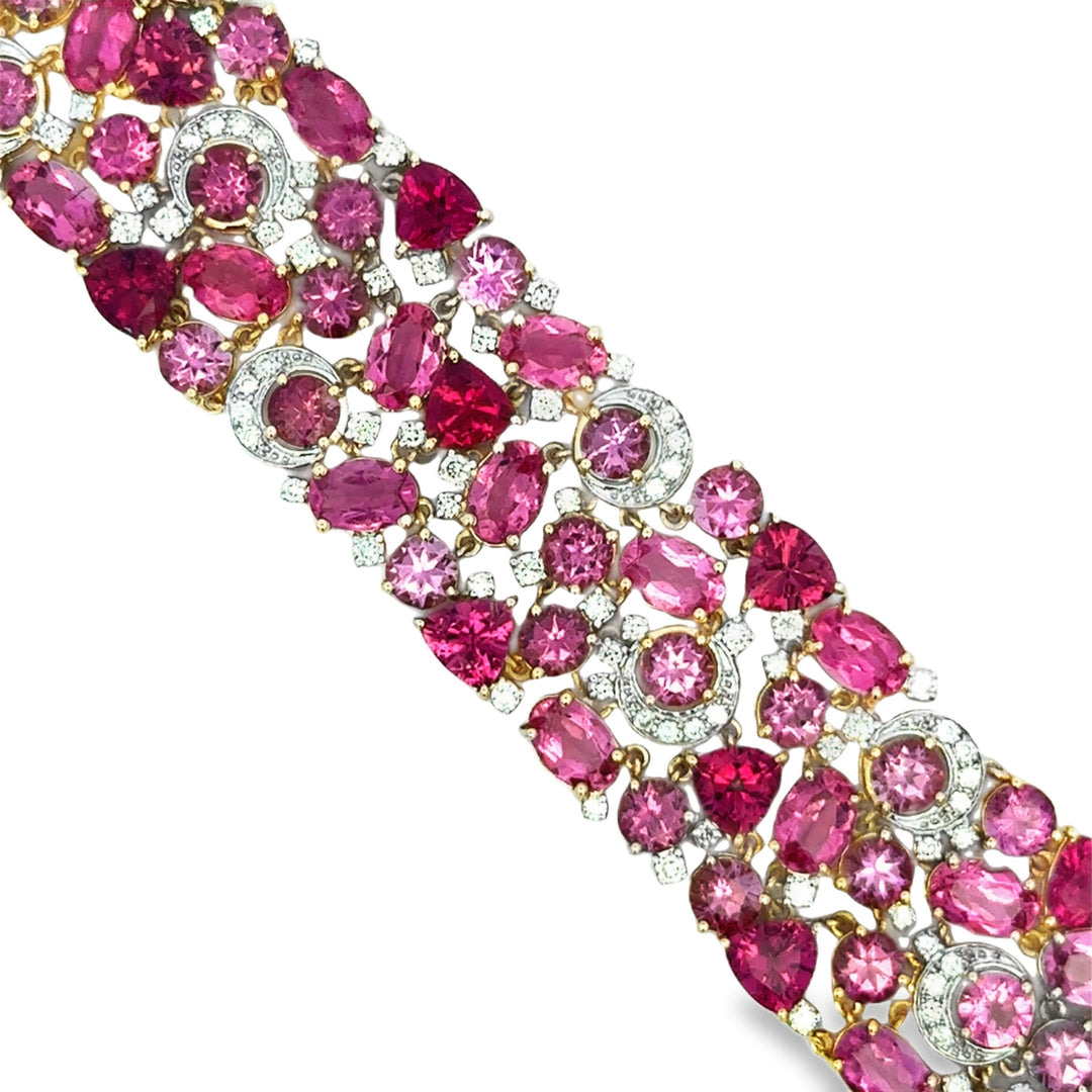 42.60 CTW Pink Tourmaline &amp; 2.40 CTW Diamond 14K Yellow Gold Wide Bracelet