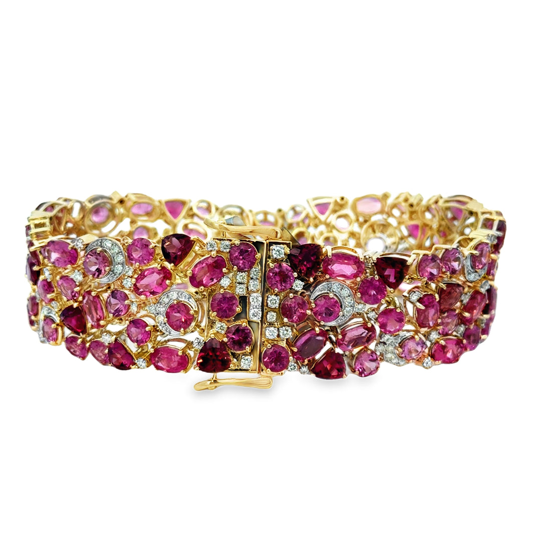 42.60 CTW Pink Tourmaline &amp; 2.40 CTW Diamond 14K Yellow Gold Wide Bracelet