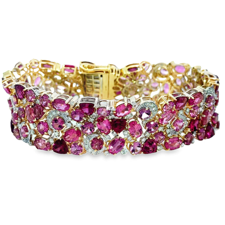 42.60 CTW Pink Tourmaline &amp; 2.40 CTW Diamond 14K Yellow Gold Wide Bracelet