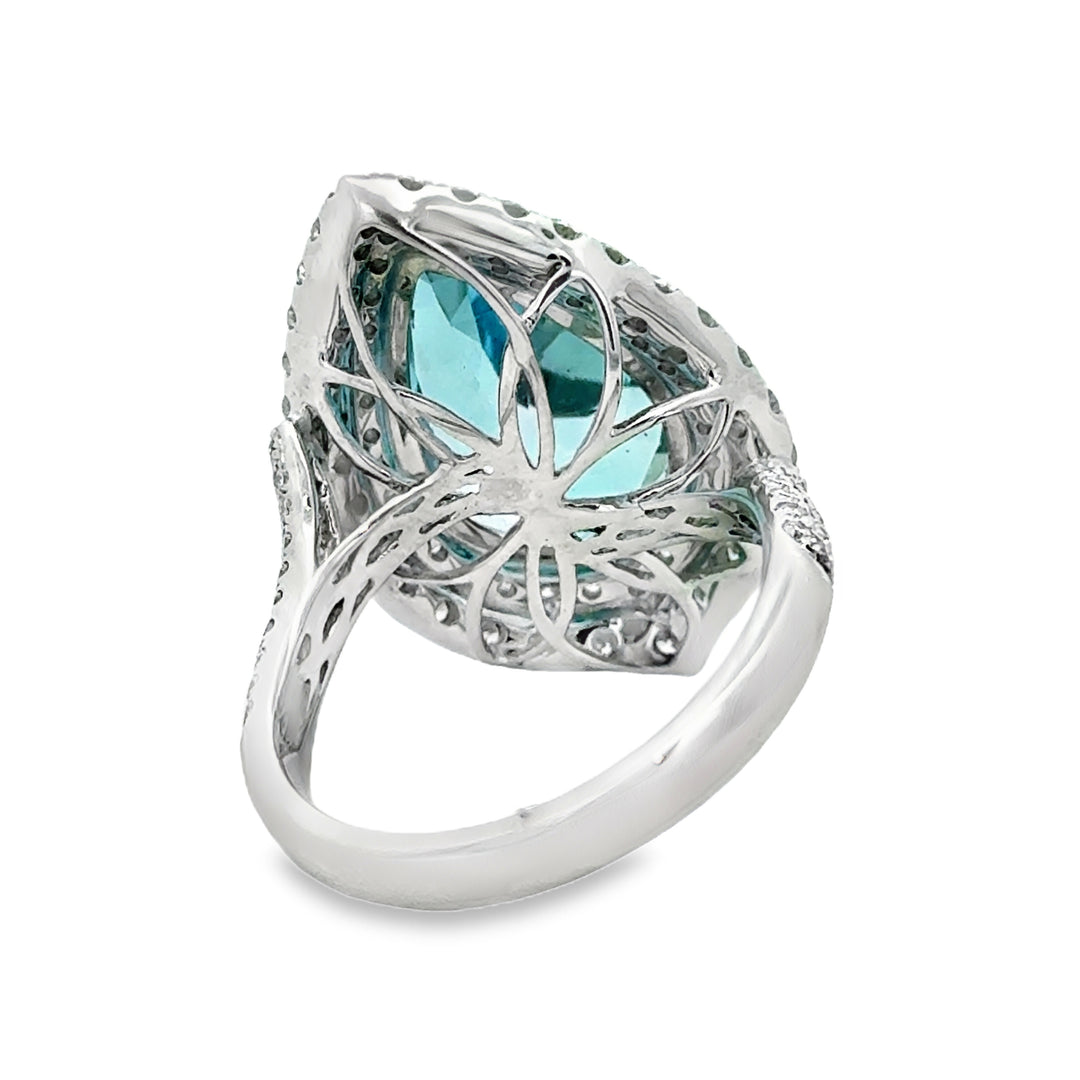 5.30 CT Pear Shape Aquamarine & 1.41 CTW Diamond Double Halo Ring 18K White Gold