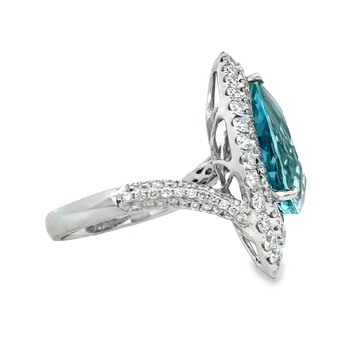 5.30 CT Pear Shape Aquamarine & 1.41 CTW Diamond Double Halo Ring 18K White Gold