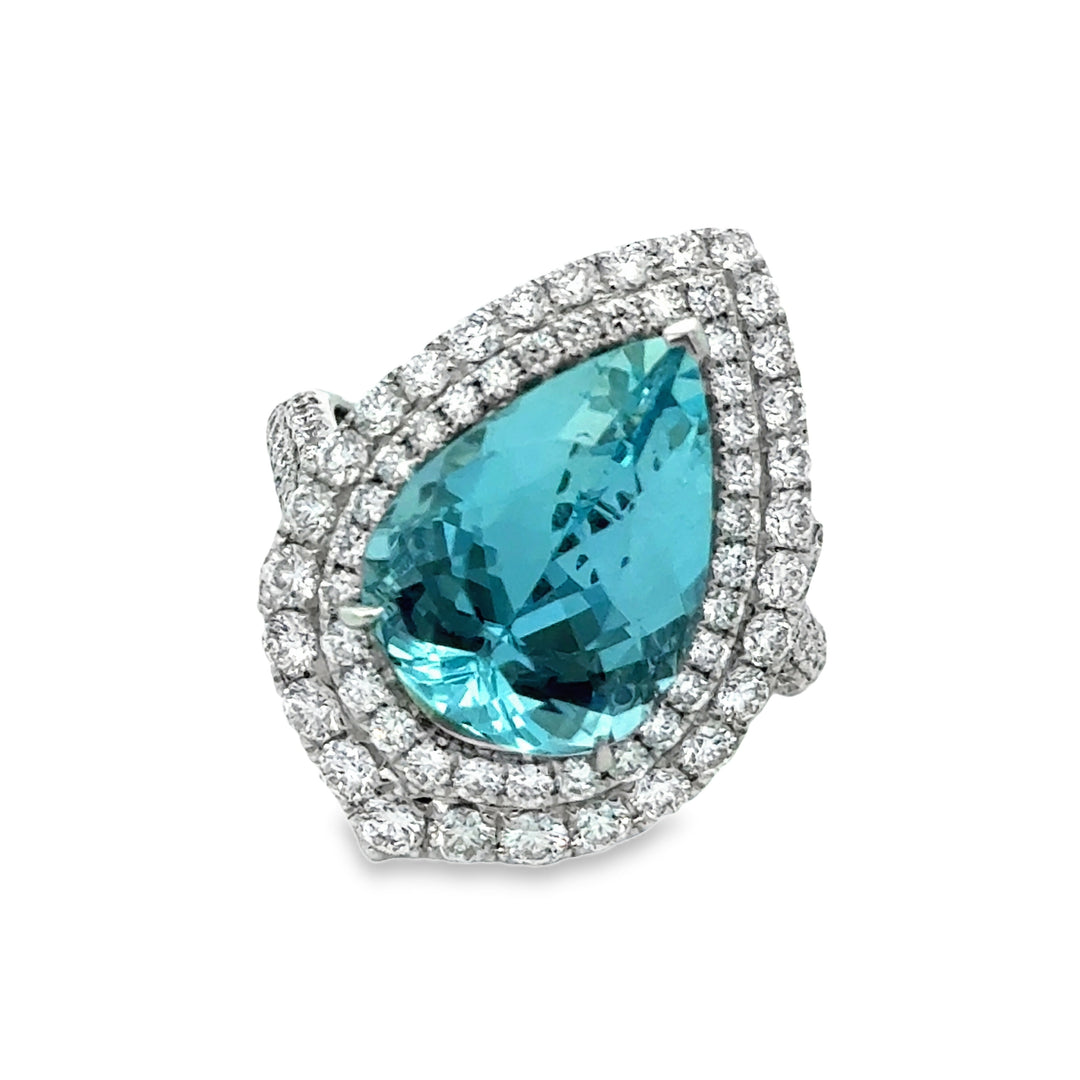 5.30 CT Pear Shape Aquamarine & 1.41 CTW Diamond Double Halo Ring 18K White Gold