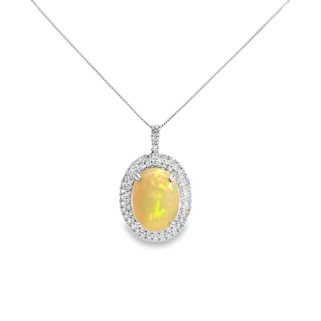 6.15 CT Opal & 1.35 CTW Diamond Double Halo Platinum Pendant Necklace
