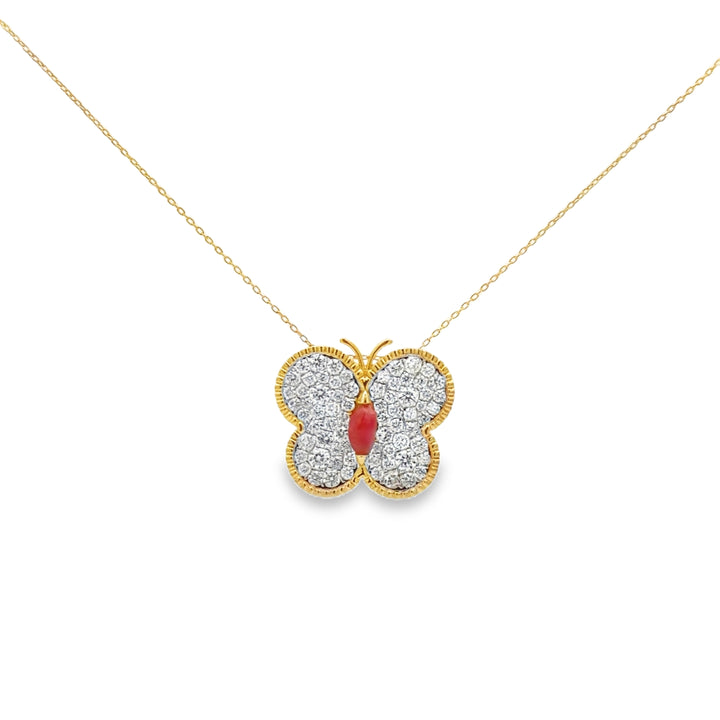0.84 CTW Diamond Pavé Butterfly & 0.36 CT Pink Conch Pearl 18K Yellow Gold Necklace