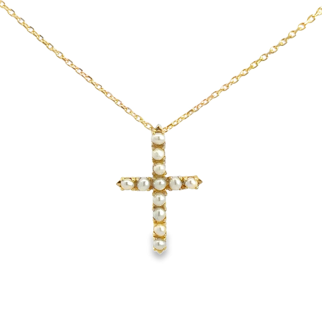 Freshwater Pearl Cross 14K Yellow Gold Necklace