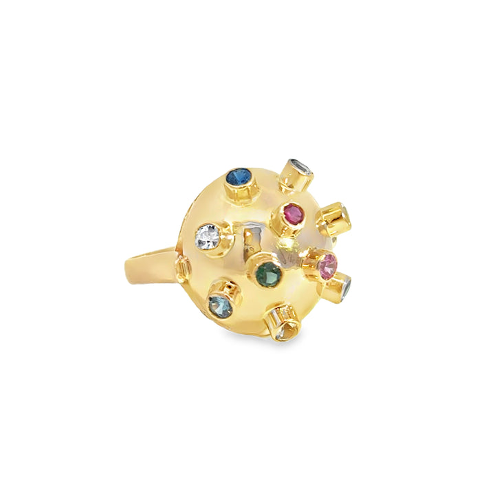 Multi Gemstone 18K Yellow Gold Retro Dome Ring