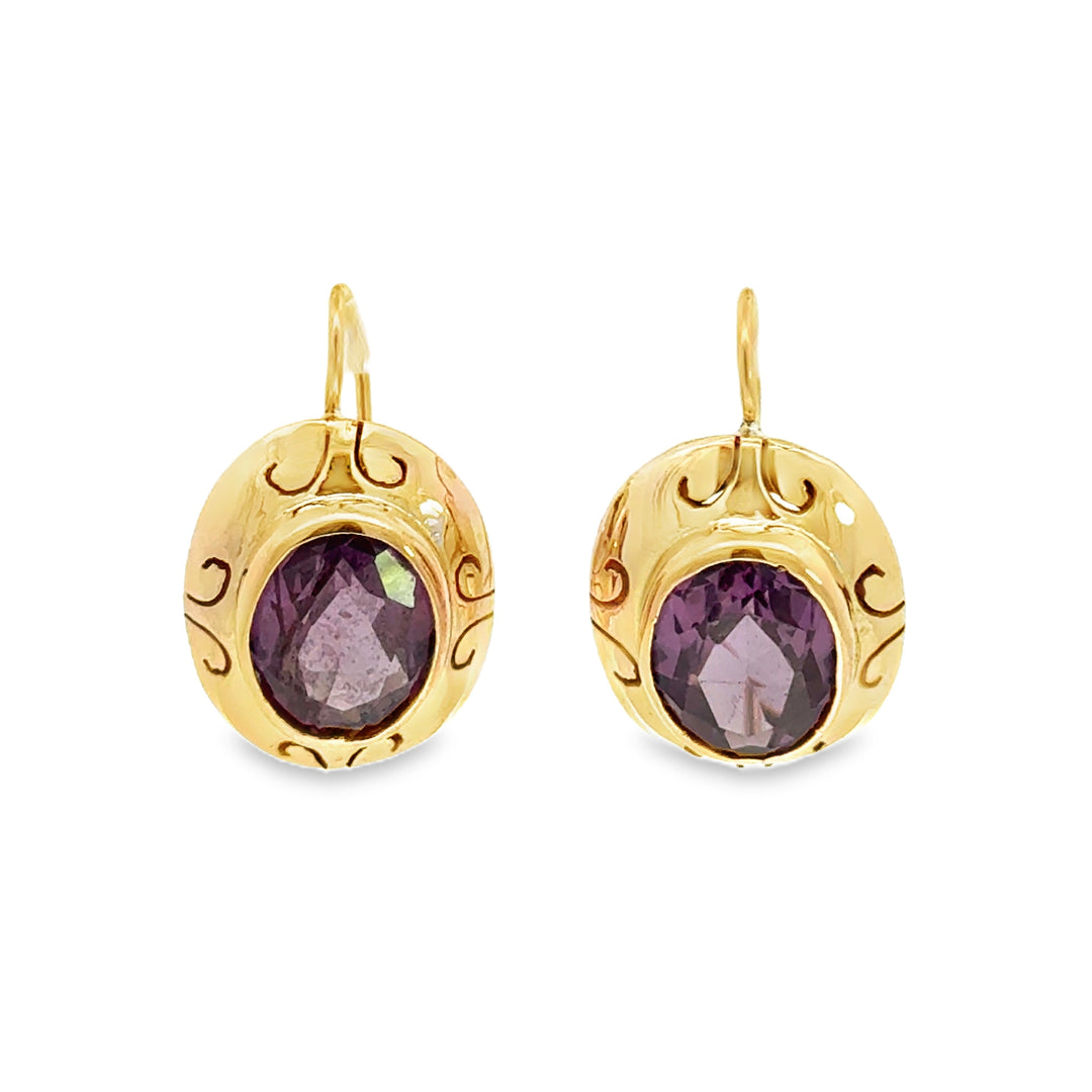 14K Yellow Gold Synthetic Alexandrite Vintage Drop Earrings