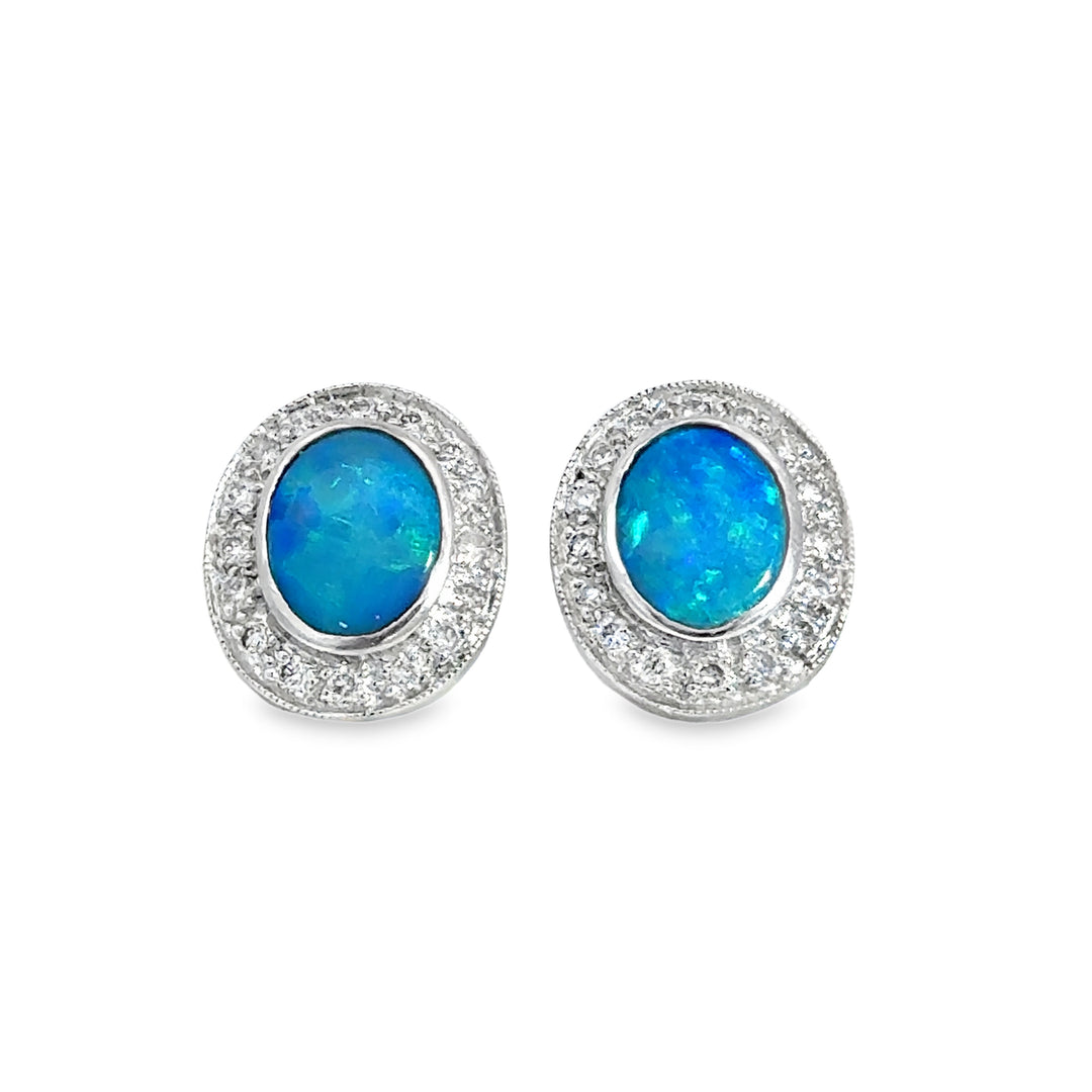 0.95CTW Lightning Ridge Black Opal &amp; Diamond Stud Earrings in 18K White Gold