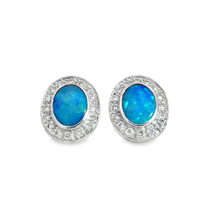 0.95CTW Lightning Ridge Black Opal &amp; Diamond Stud Earrings in 18K White Gold