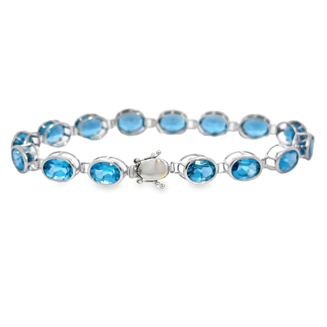 14K White Gold Blue Topaz Oval Link Bracelet
