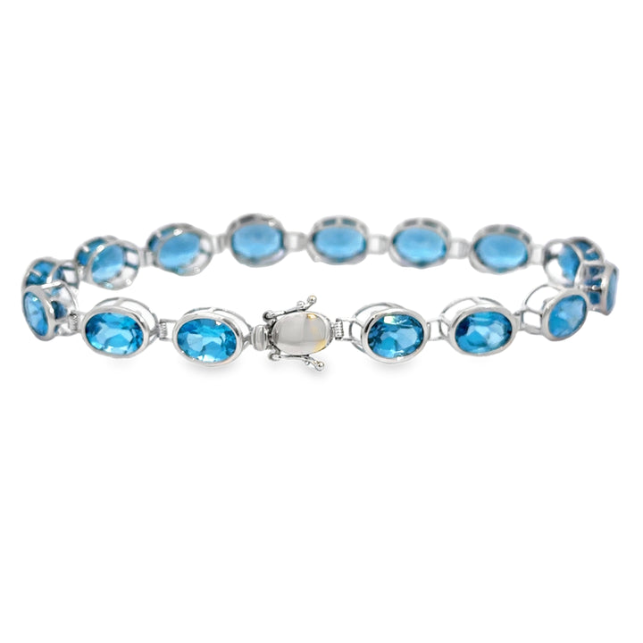 14K White Gold Blue Topaz Oval Link Bracelet
