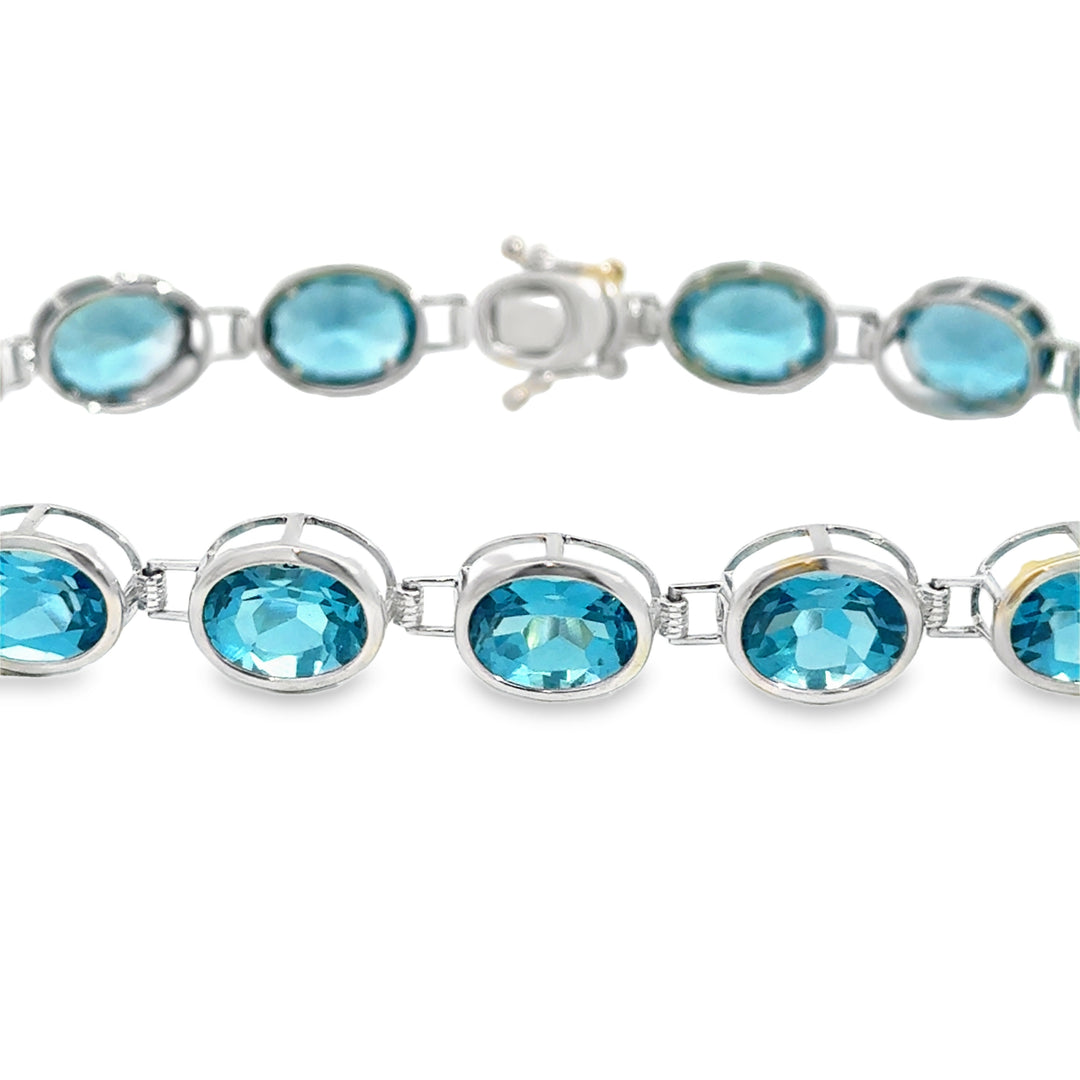 14K White Gold Blue Topaz Oval Link Bracelet