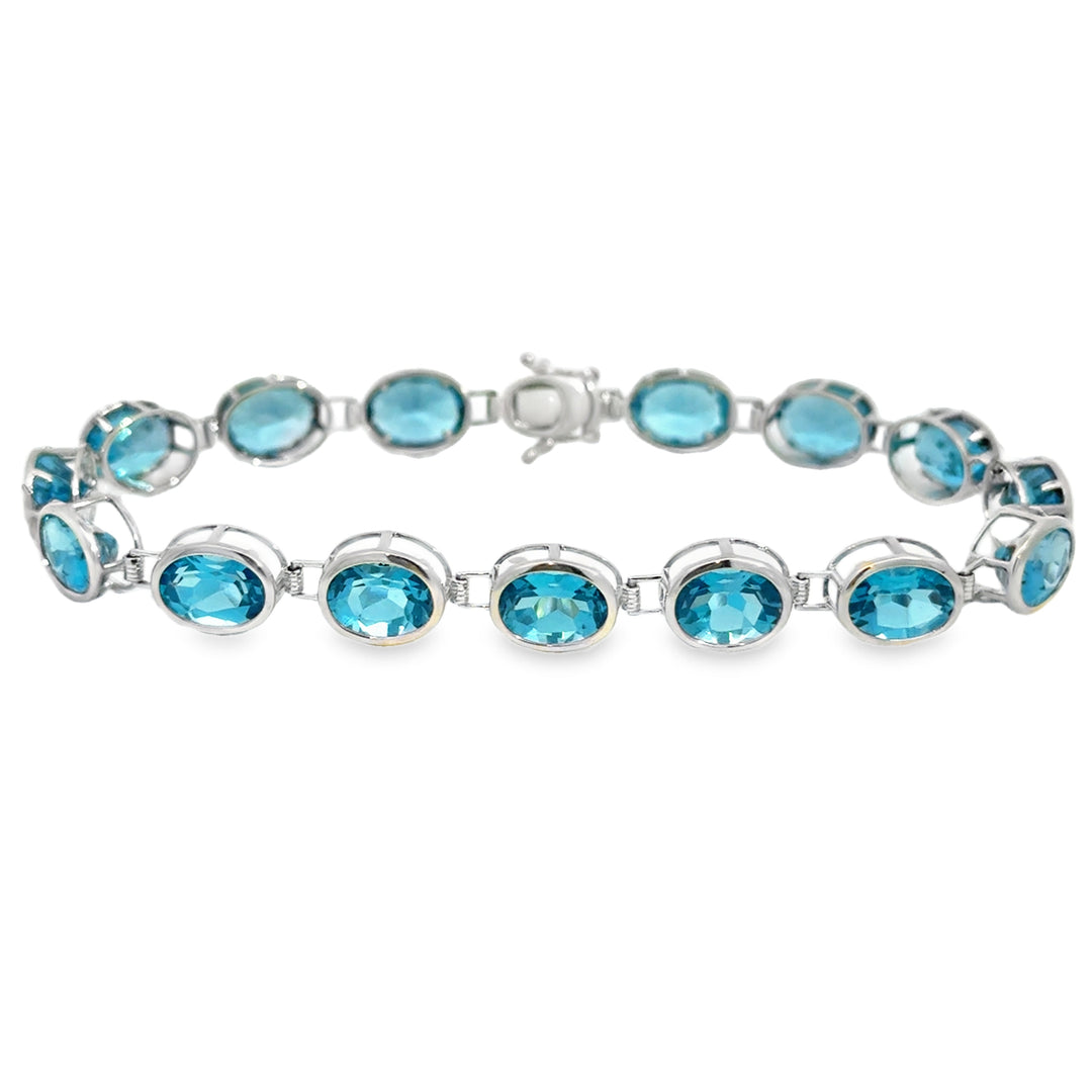 14K White Gold Blue Topaz Oval Link Bracelet