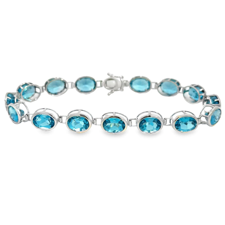 14K White Gold Blue Topaz Oval Link Bracelet