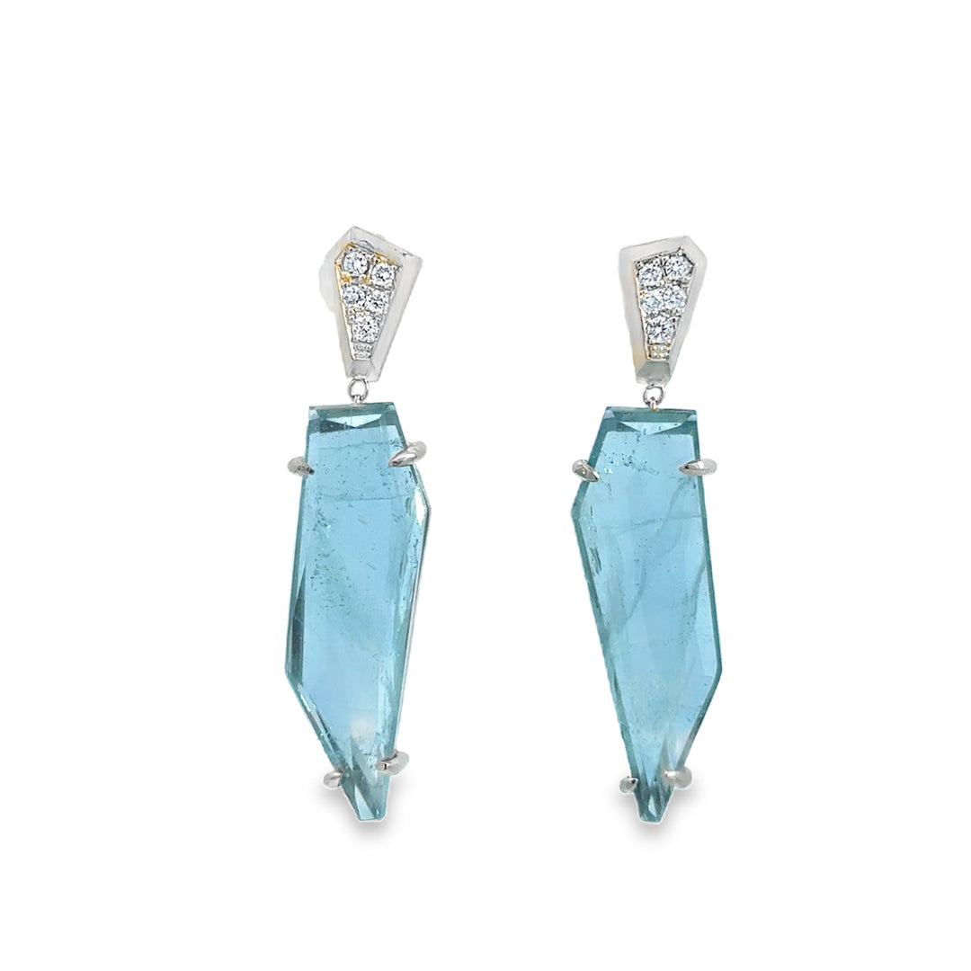 14K White Gold Aquamarine & Diamond Geometric Drop Earrings – 1.25" Long