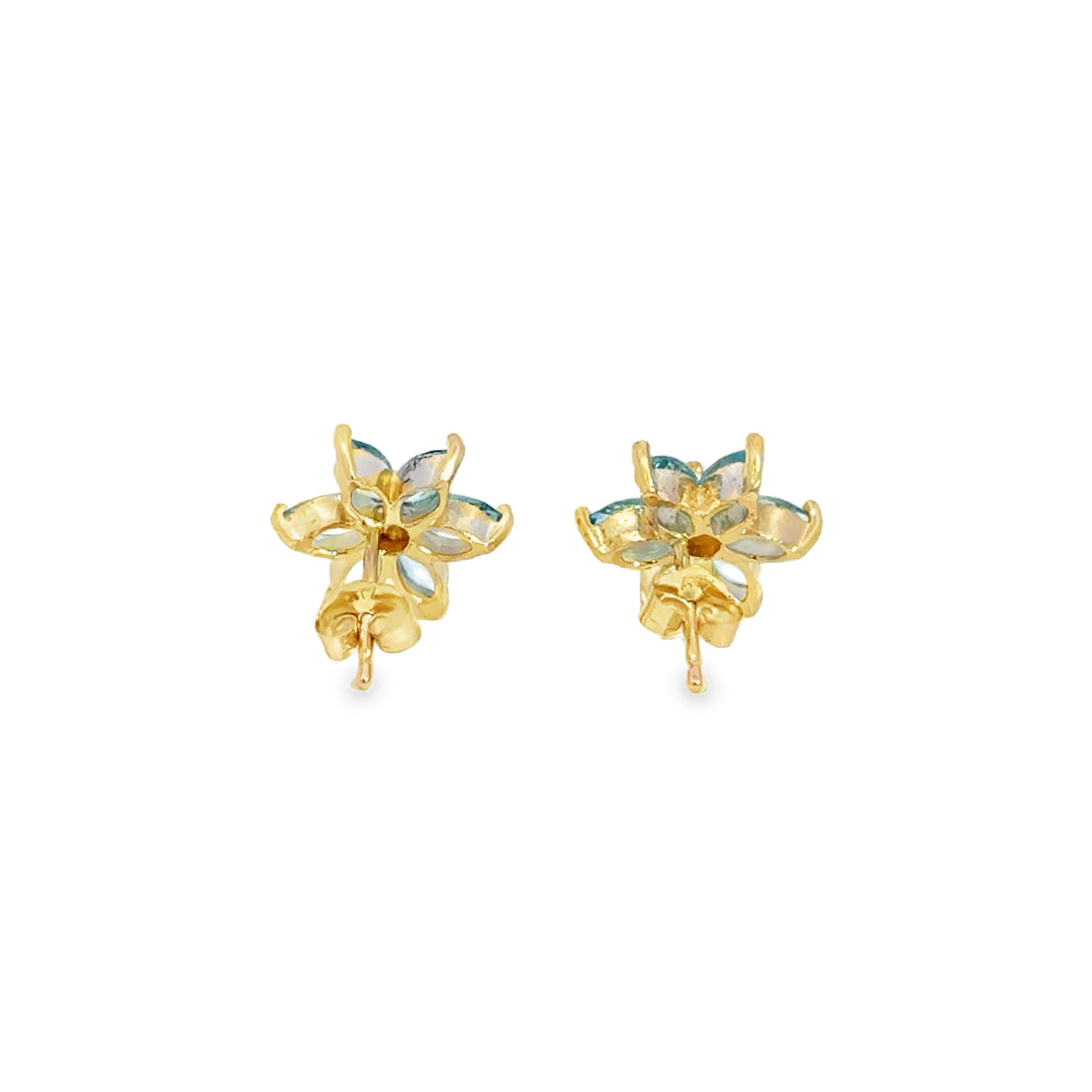14K Yellow Gold Blue Topaz &amp; Diamond Flower Stud Earrings