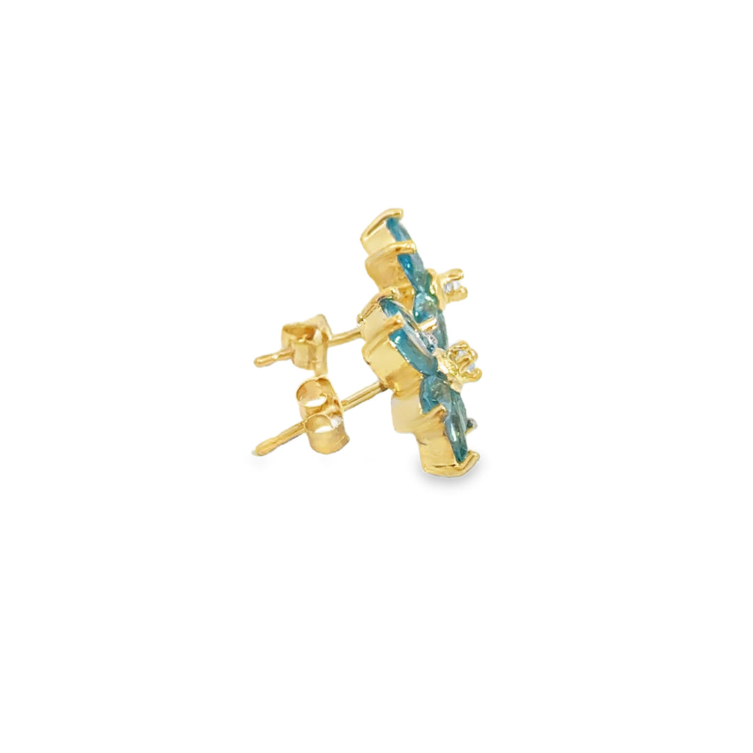 14K Yellow Gold Blue Topaz &amp; Diamond Flower Stud Earrings