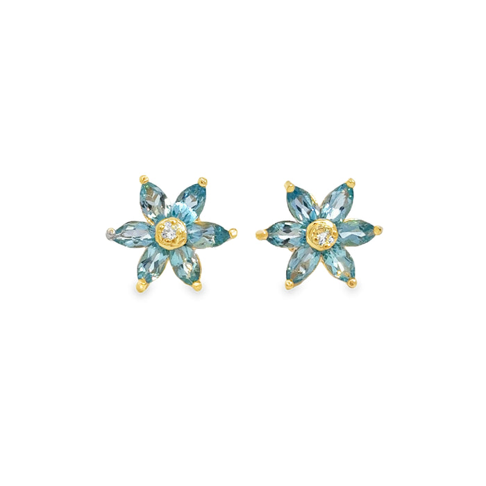 14K Yellow Gold Blue Topaz & Diamond Flower Stud Earrings