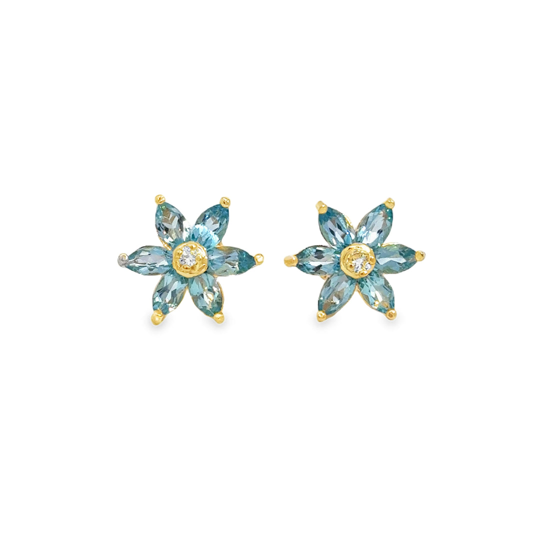 14K Yellow Gold Blue Topaz &amp; Diamond Flower Stud Earrings